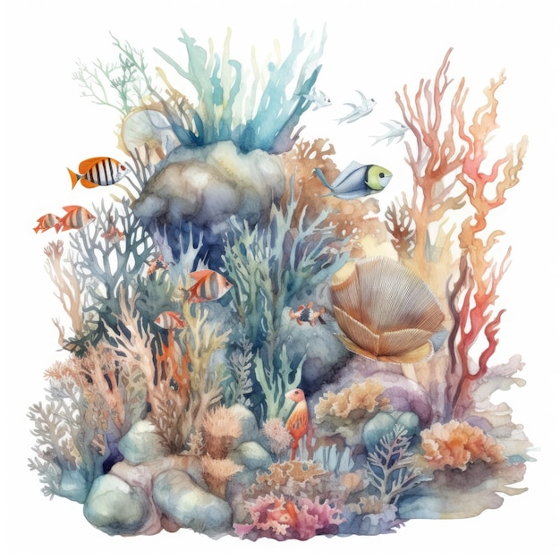 Aquarelle de sous-marin coloré avec des récifs coralliens de poissons tropicaux