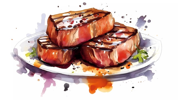 Une aquarelle de steaks sur une assiette.