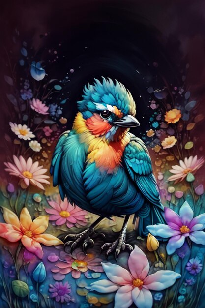 Aquarelle style oiseau peinture à l'huile papier peint illustration fond azalées pies sur fleurs