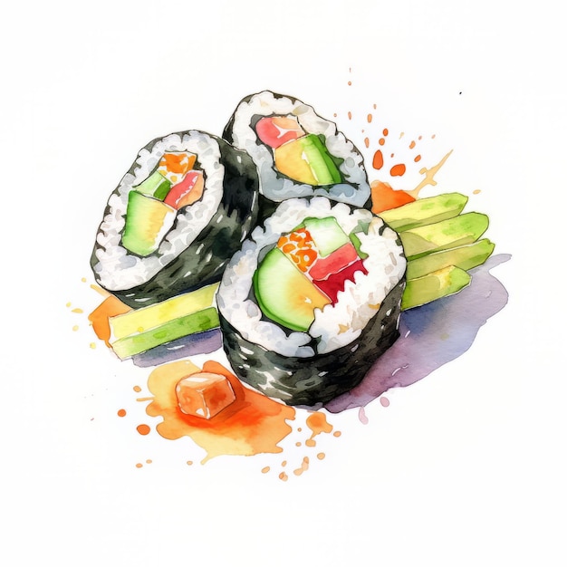 Une aquarelle de sushis et de légumes