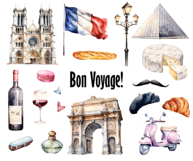 Photo aquarelle symboles de la france set d'icônes avec des symboles de paris carte de bon voyage voyage en france