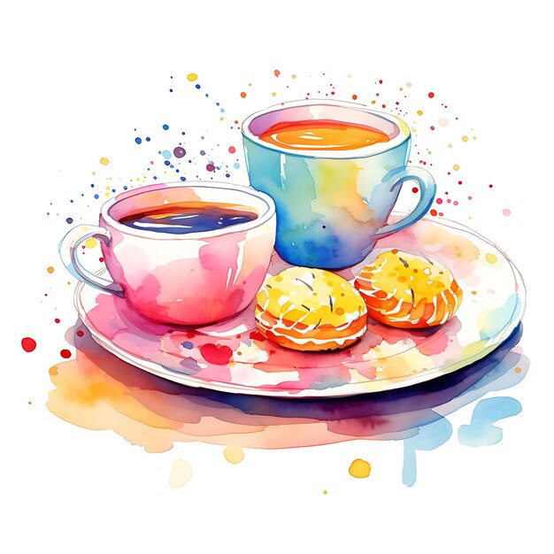 Aquarelle de tasses, assiettes, pièces, plateaux, couleurs vives et gaies, mélange de formes d'aquarelle sur fond blanc 2D