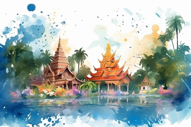 Une aquarelle d'un temple en Thaïlande.