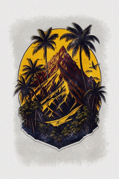 Aquarelle texture peinture coucher de soleil montagne et palmier illustration pour la conception de t-shirt