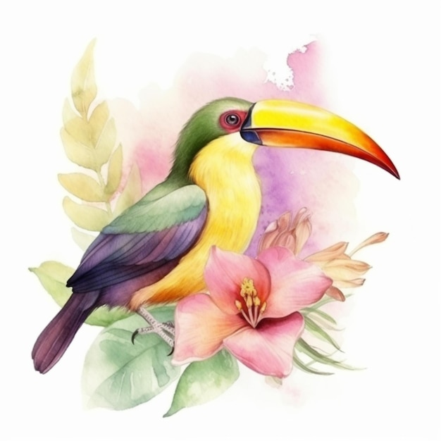 Une aquarelle d'un toucan avec des fleurs et des feuilles