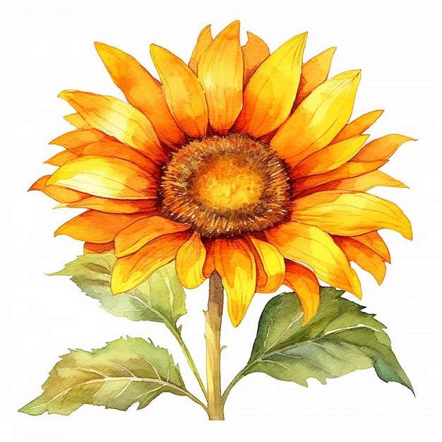 Une aquarelle d'un tournesol avec une feuille verte.