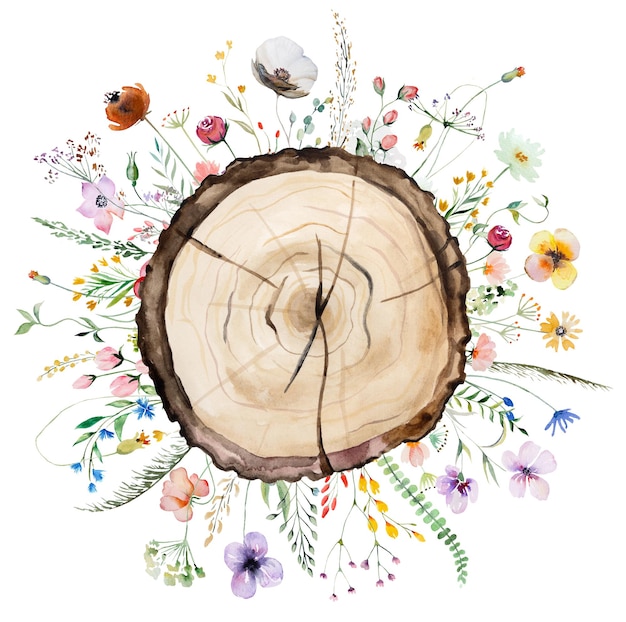 Aquarelle tranches rondes en bois avec bouquet de fleurs sauvages d'été Illustration isolée