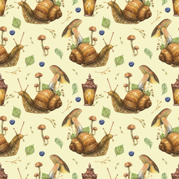 Aquarelle transparente motif avec illustration d'un escargot de conte de fées aux champignons