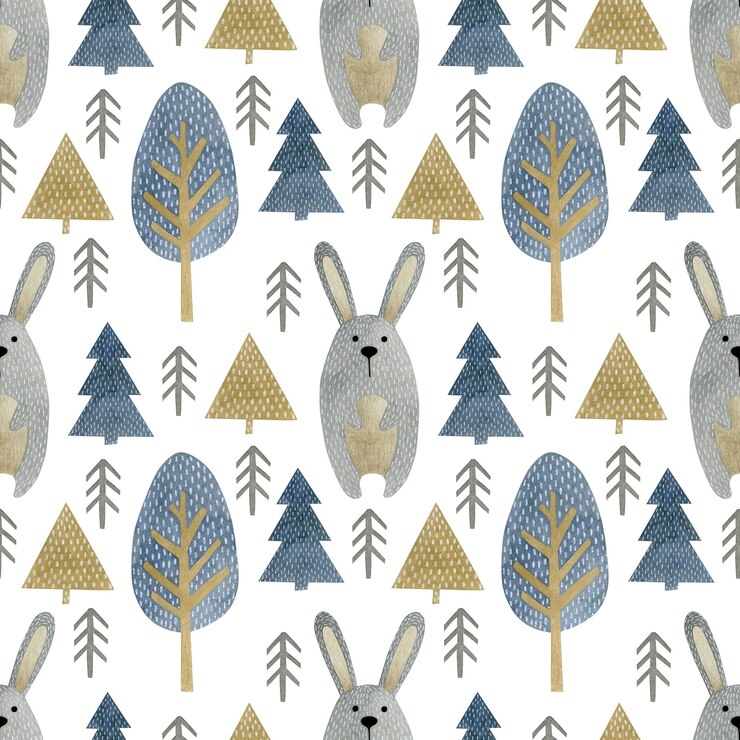 Photo aquarelle transparente motif de sapins lapin dans le style scandinave