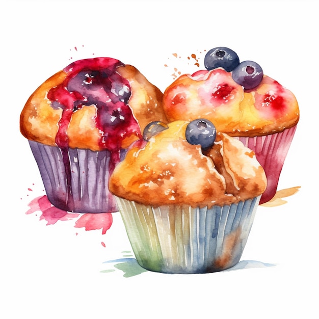 Une aquarelle de trois muffins avec des myrtilles dessus.