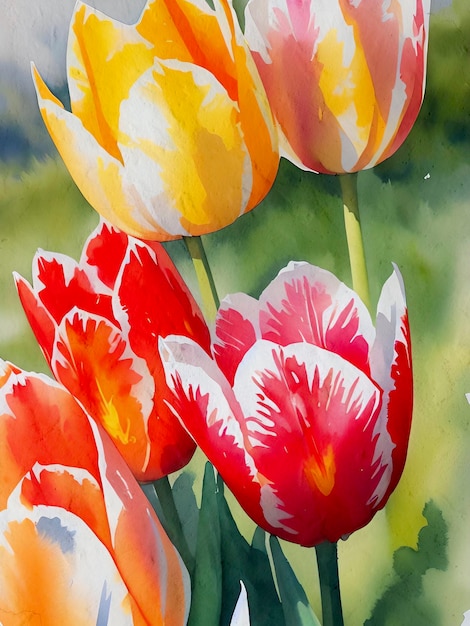 Aquarelle Tulipes Peinture Tulipe Fleur Illustration Reproduction JPG