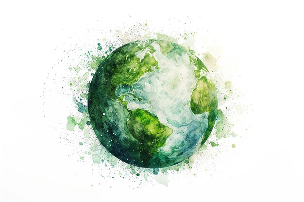 Aquarelle verte luxuriante Planète Terre avec des éclaboussures environnementales