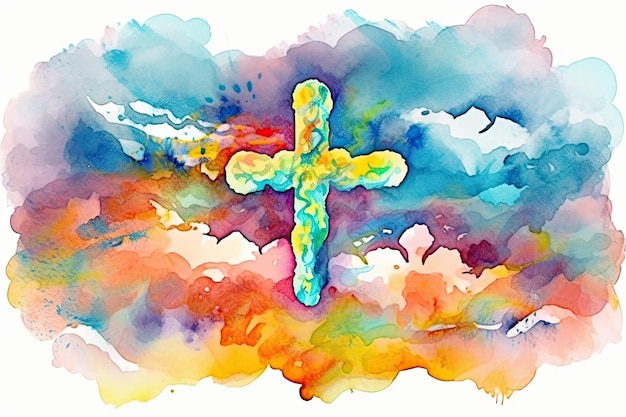 Photo une aquarelle vibrante d'une croix planant au-dessus des nuages dans un style graffiti parfait pour les thèmes religieux generative ai