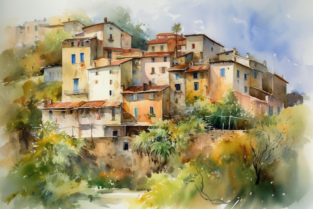 Une aquarelle d'un village en france