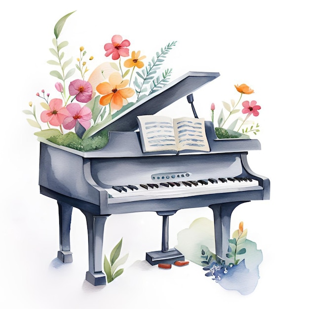 Aquarelle vintage d'un piano avec des fleurs