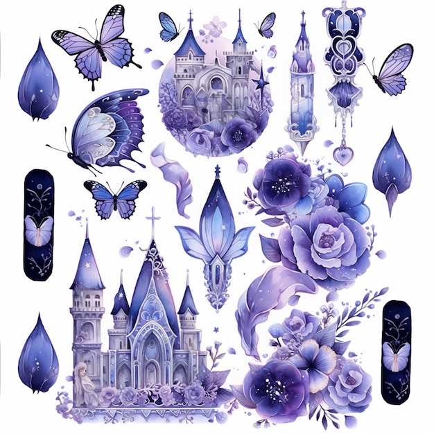 Photo aquarelle violette et bleue château de fées et papillons génératif ai