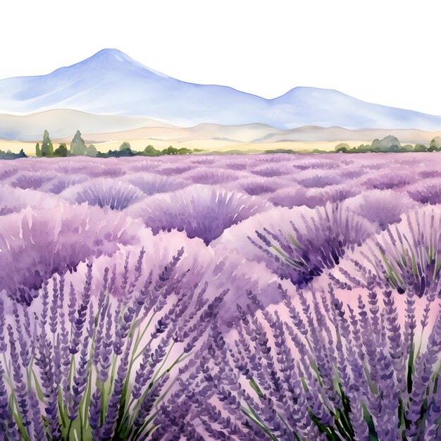 Photo aquarelle violette champ de fleurs de lavande avec des collines provence france