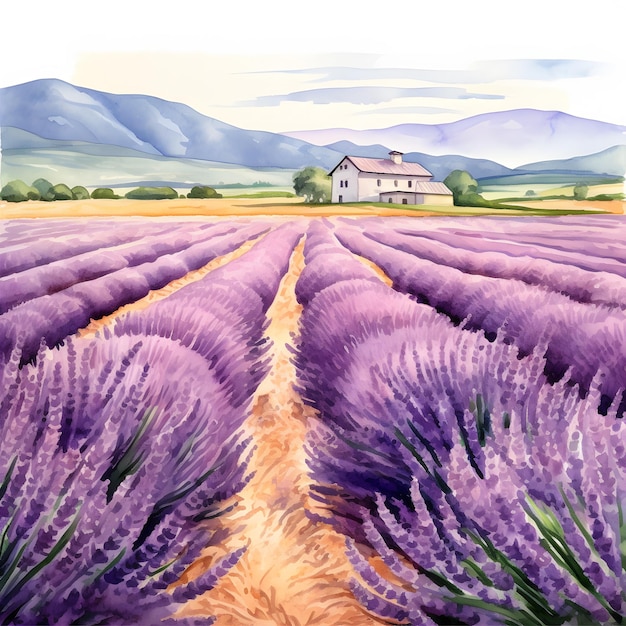 Photo aquarelle violette champ de fleurs de lavande avec maison provinciale rurale provence france