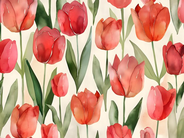 Photo une aquarelle vivante représentant des tulipes rouges aux feuilles vertes