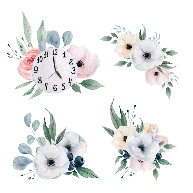 Aquarelles horloges et fleurs d'hiver