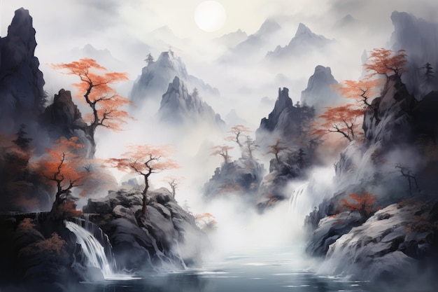 Photo aquarelles de paysages japonais