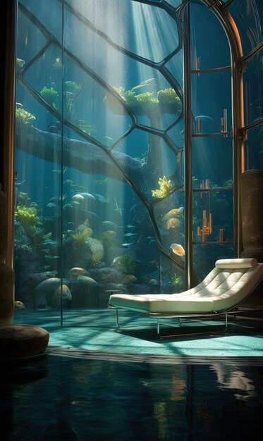 un aquarium avec un aquarium et une chaise devant