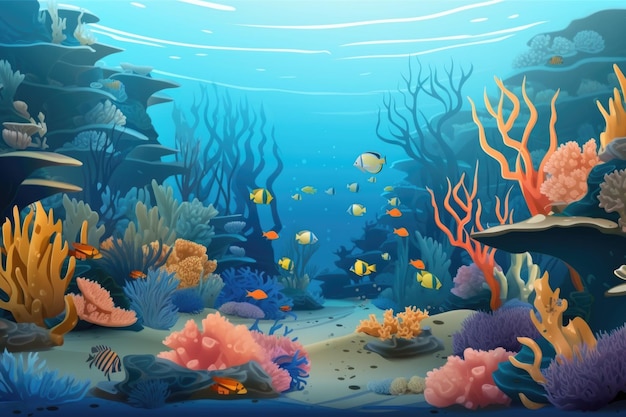 Aquarium avec des bancs de poissons nageant autour de récifs coralliens créés avec une IA générative