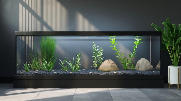 Photo un aquarium avec un cadre noir et un petit aquarium avec une plante verte