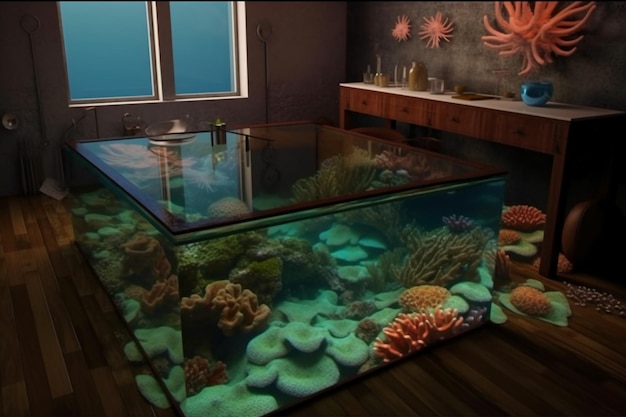 Un aquarium avec des coraux et des poissons dessus