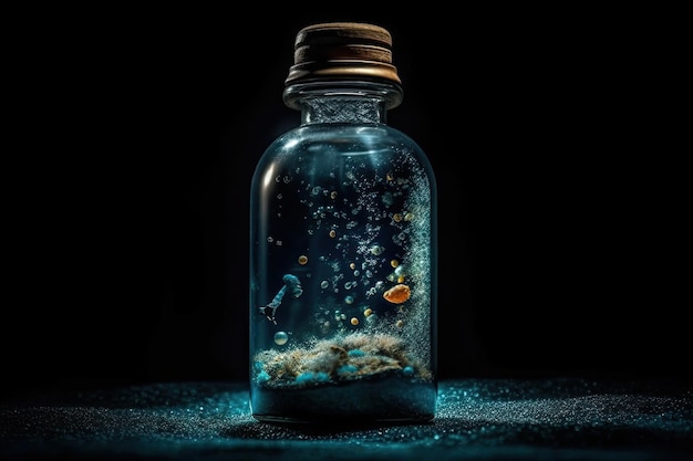 Aquarium dans une bouteille en verre au fond de l'océan Generative AI