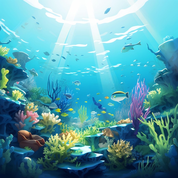 un aquarium avec un éclat de soleil du ciel et des coraux en dessous.