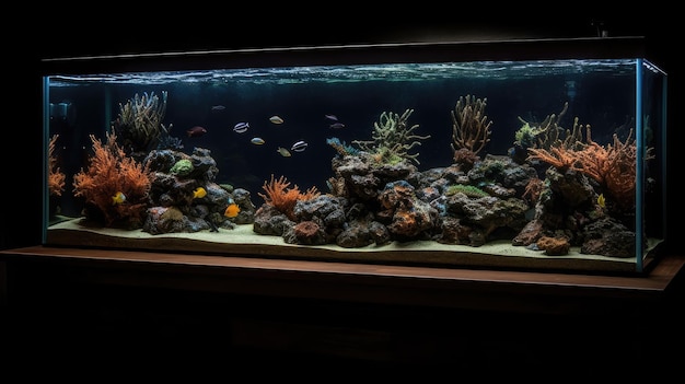 Un aquarium avec un fond sombre et une lumière au fond.