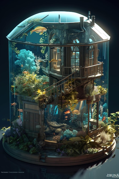 Aquarium avec une maison à l'intérieur