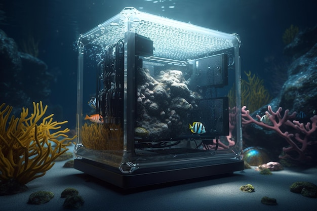 Un aquarium avec un poisson bleu dessus