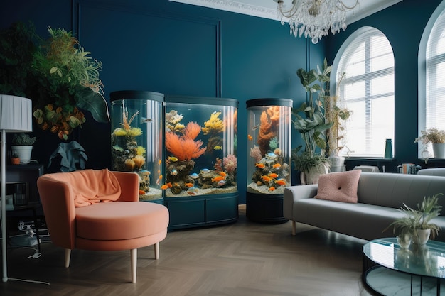 Aquarium rempli de poissons colorés et de plantes sous-marines dans le salon avec des meubles élégants