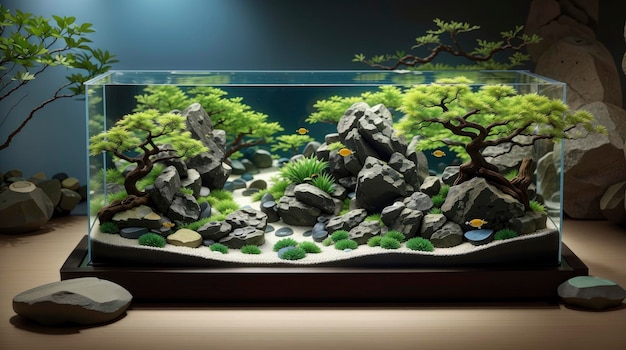 un aquarium avec des roches et des plantes sur une table avec des roches