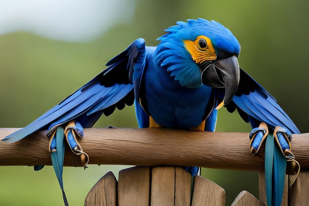 Un ara bleu et jaune est assis sur un perchoir en bois.