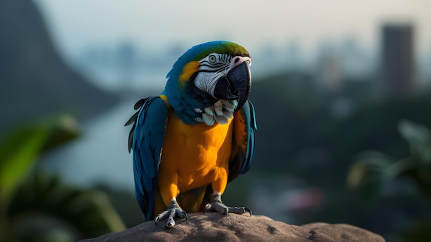 Un ara bleu et jaune est assis sur un rocher.