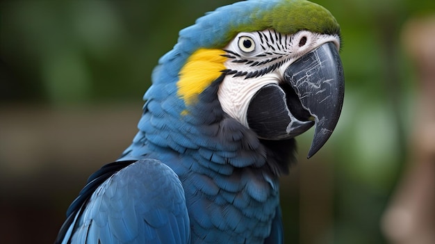 Un ara bleu et jaune avec un visage vert et jaune.