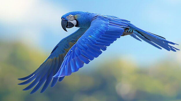 Un ara bleu et jaune en vol avec les ailes déployées