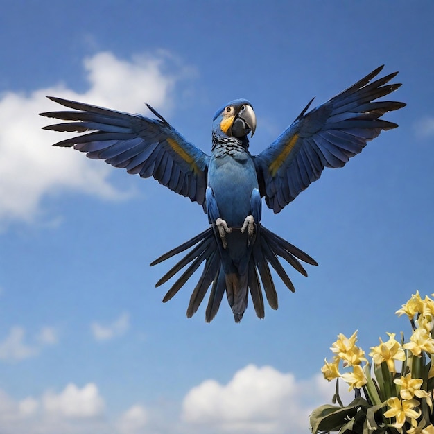 Photo l'ara hyacinth volant dans le bleu