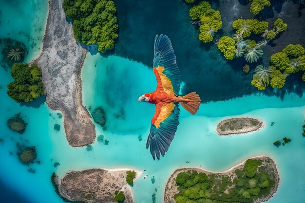 Ara perroquet survole une île tropicale Généré par l'IA du réseau de neurones