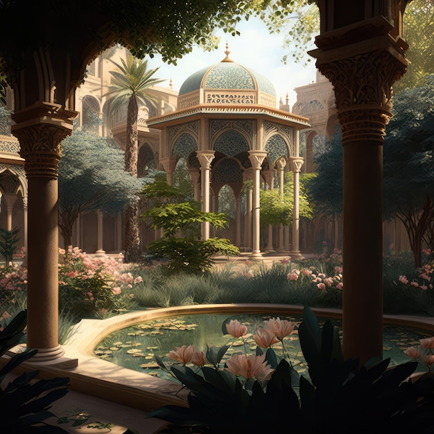 Arab Palace Garden View Grand Hamam Hotel Luxurious Oriental Interiors Abstract Generative AI Illustration