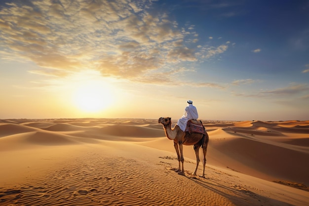 Un Arabe assis sur un chameau et regardant le lever du soleil un berger arabe assis dans le désert regardant vers l'ouest