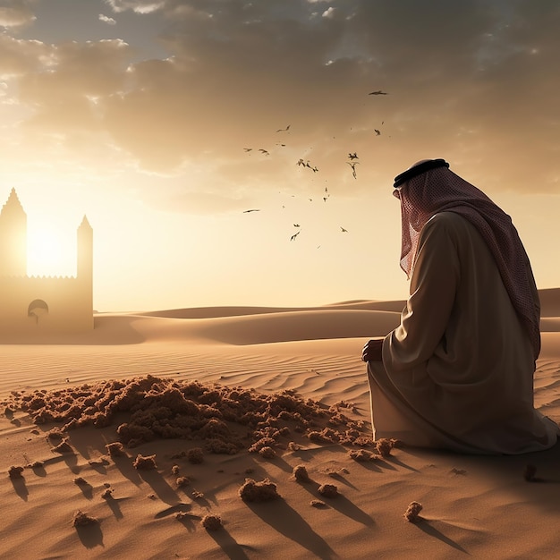 Un Arabe assis à regarder le désert