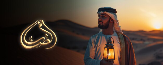 Photo un arabe tenant une lanterne dans le désert