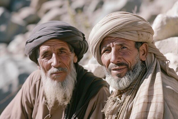 des Arabes adultes assis au sommet d'une montagne