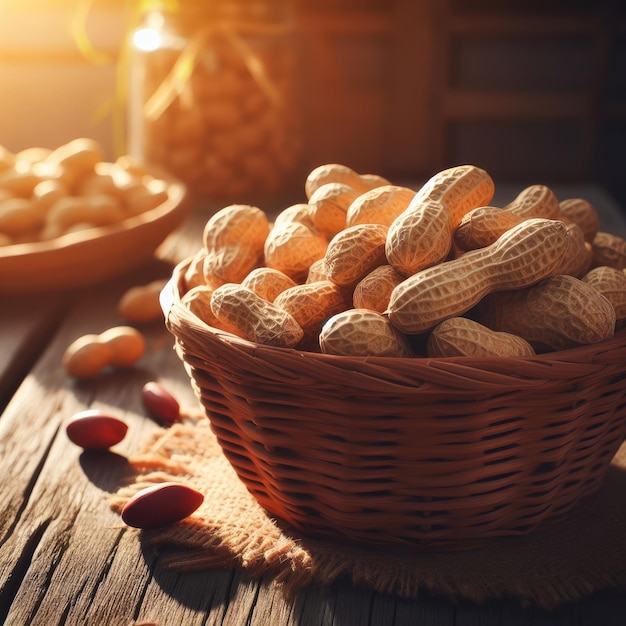 Photo des arachides dans un panier sur une table en bois au fond du soleil