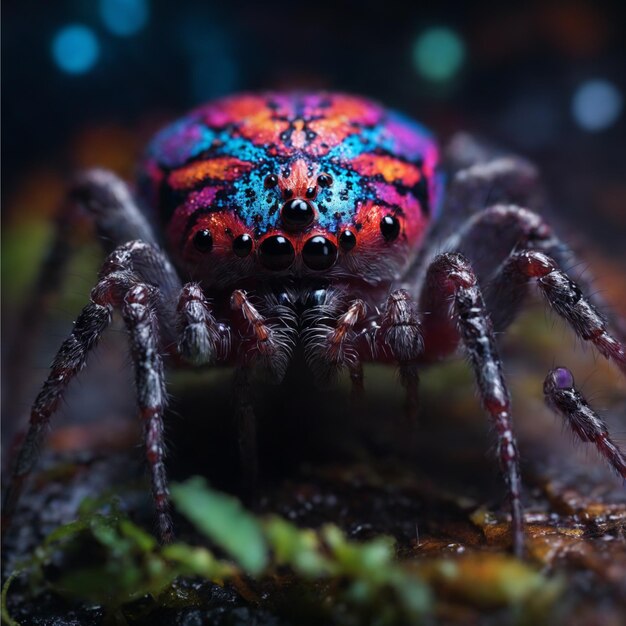 Un arachnide macro effrayant rampe en gros plan à minuit coloré