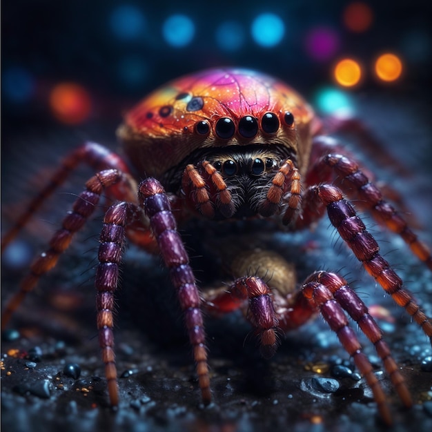 Un arachnide macro fantasmagorique rampe en gros plan à minuit coloré